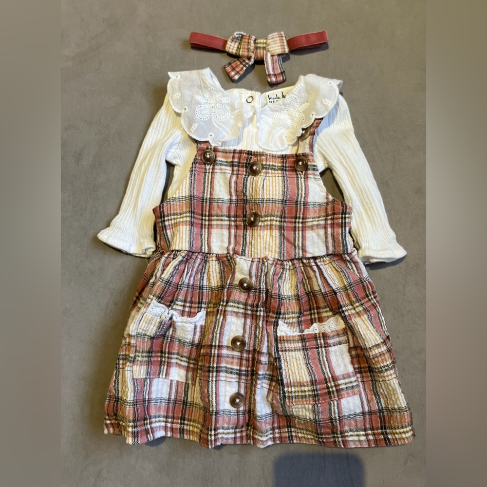 Nicole Miller | 3 Piece Plaid Dress, White Shirt and Plaid Headband Set 6-9 M